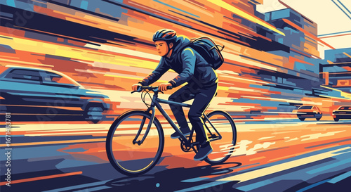 Urban cyclist with a backpack riding a bicycle on a city street, depicted in a vibrant, motion-filled artistic style.