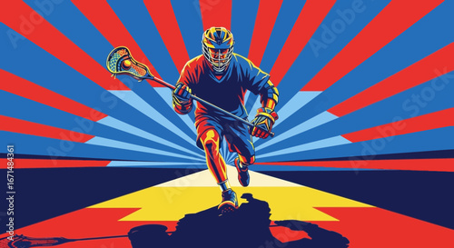 A dynamic illustration of a male lacrosse player running forward against a stylized red and blue sunburst background.