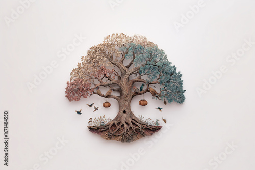 Pumpkins hang from the tree of life — fruit born of change.