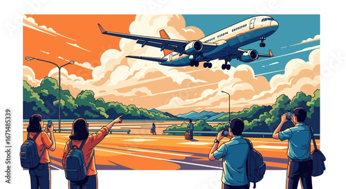 An illustration of people watching a large passenger airplane coming in for a landing against a beautiful orange sunset sky.