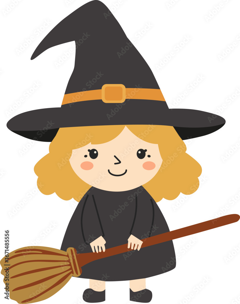 Obraz premium Cute Little Witch Cartoon with Broom