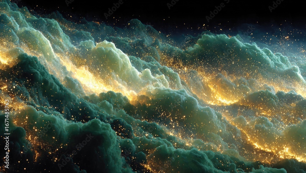 Obraz premium Cosmic clouds ablaze with golden streaks