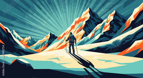 A stylized illustration of a lone hiker trekking through a snowy mountain pass with dramatic sun rays.
