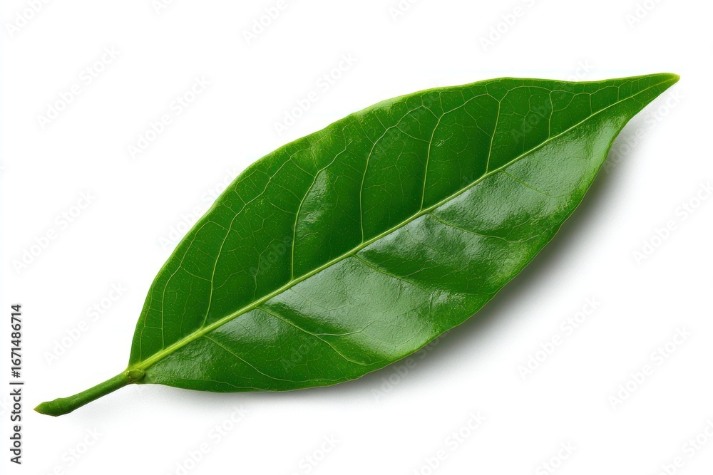 Fototapeta premium Glossy green leaf with veins, isolated on white, showing detail and shadow