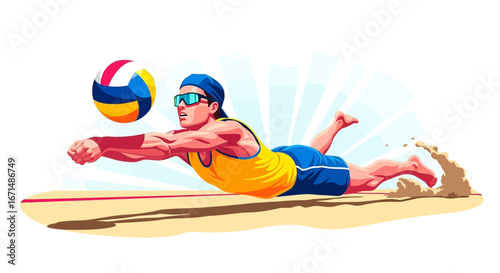 Male athlete in sunglasses and cap dives in the sand to hit a volleyball during a beach game.
