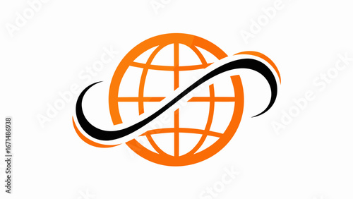 Orange globe with grid lines and black swooshes circling around it on a white background design logo silhouette