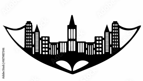 Silhouette of a cityscape with tall buildings and a central tower inside a bat shaped outline design
