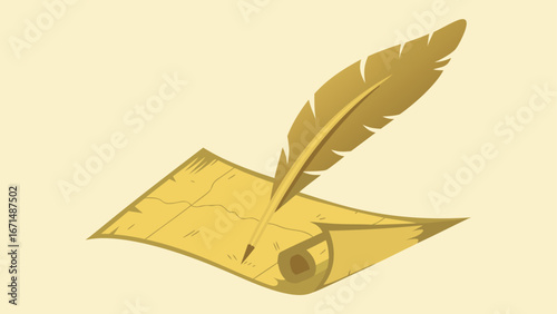 Illustration of a quill pen resting on a parchment scroll with a light yellow background color scheme silhouette