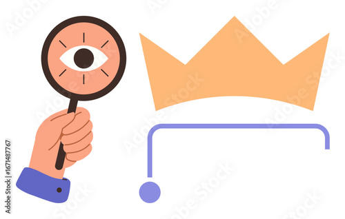 Hand with magnifying glass focusing on eye, crown symbol above underline. Ideal for leadership, strategy, vision, analysis, achievement, authority focus concepts. Simple flat metaphor