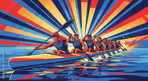 A dynamic, stylized illustration of a men's rowing team paddling in perfect unison during a competitive race.