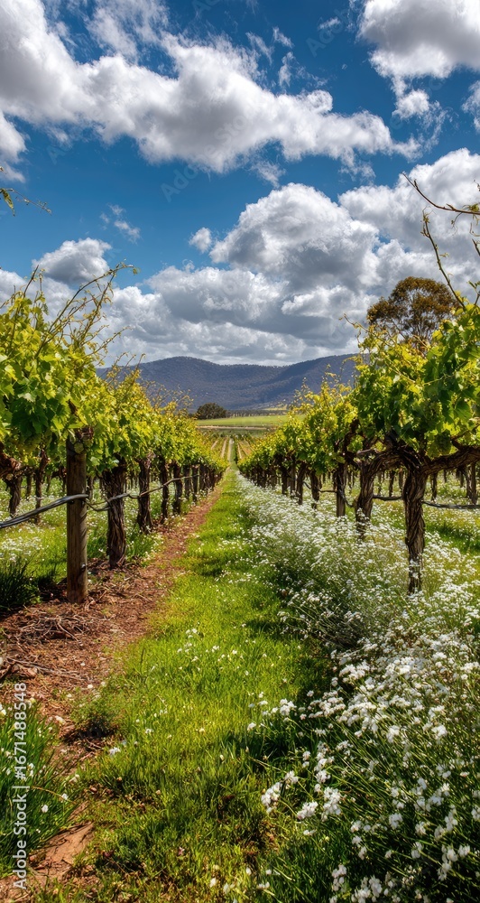 Obraz premium Vineyard path under a partly cloudy sky