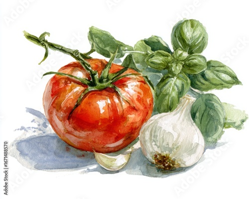 Lush watercolor  of key sauce ingredients  vibrant tomato basil garlic