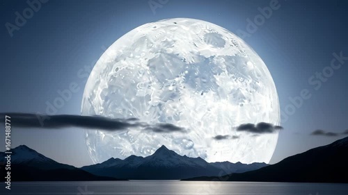 A majestic, gigantic moon hangs over a serene lake, reflecting its ethereal glow, framed by snow-capped mountains at dusk.