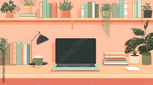 Laptop desk setup with books and plants