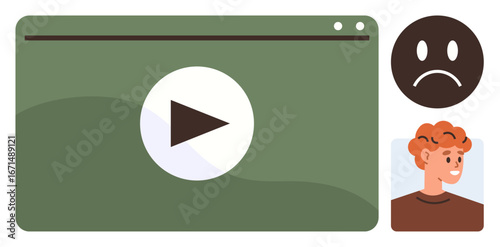 Media player screen with play button icon, sad face emotion for emotion, and young person smiling. Ideal for media, emotion, feedback, interaction, content creation user experience communication. A