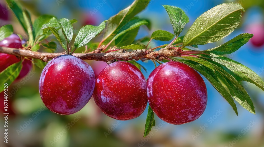 Obraz premium Plums ripening on a branch against a blue sky
