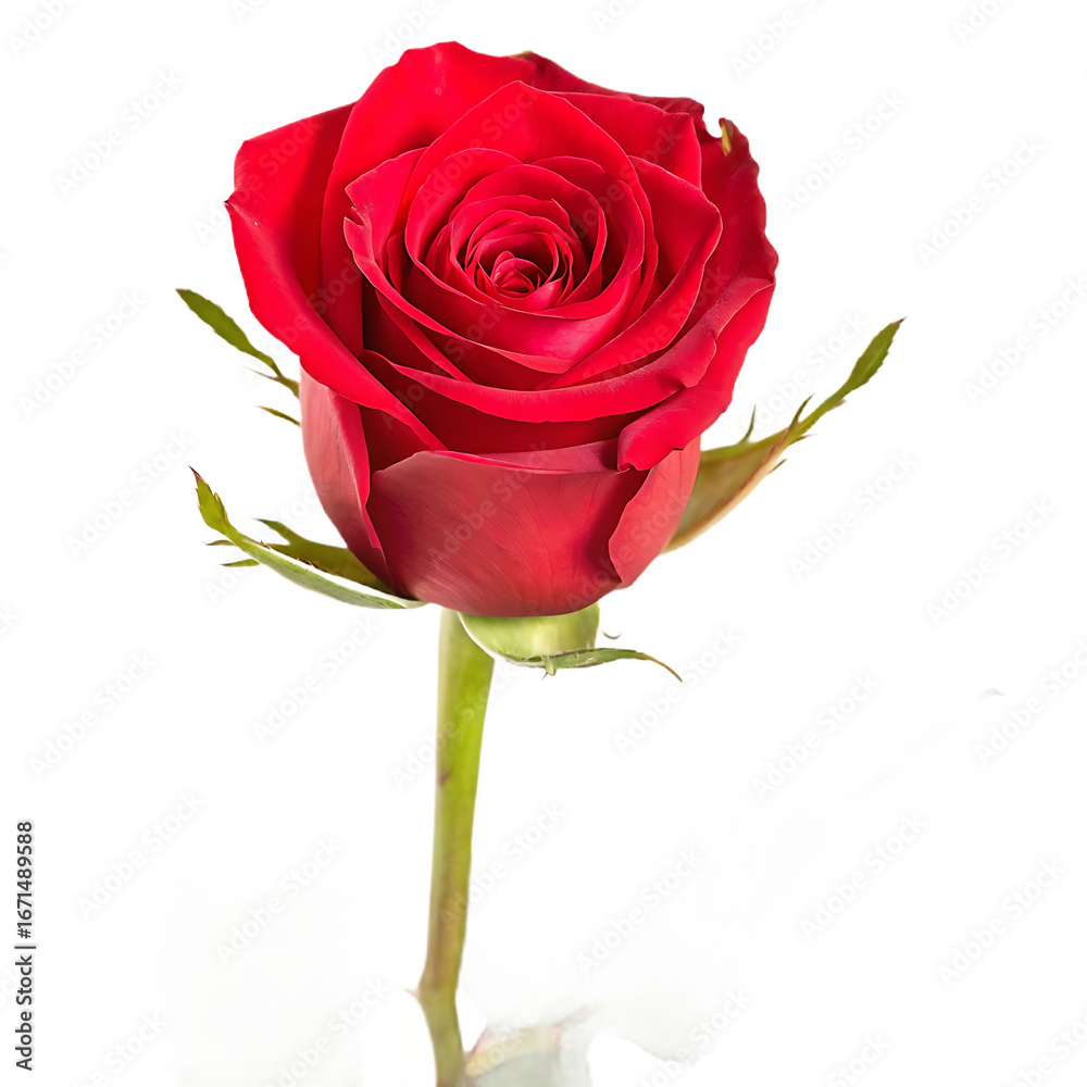 Fototapeta premium Vibrant red rose bloom isolated on a transparent background petals stem