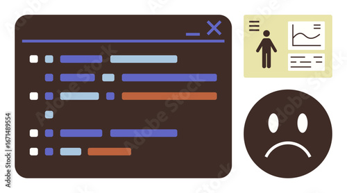 Code window with colorful lines, analysis board, and sad face convey programming challenges, debugging, troubleshooting, and failure. Ideal for software development, problem-solving, IT struggles