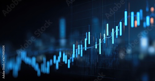 Abstract financial chart, showing a fluctuating trend, over a blurred cityscape background