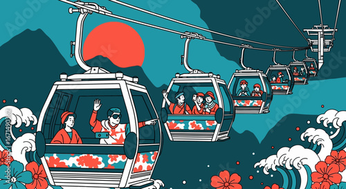 Illustration of tourists in a cable car lift over mountains with a red sun and stylized waves.