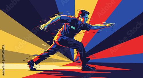 A dynamic illustration of a man in a powerful athletic stance against a vibrant, abstract background of radiating colors.