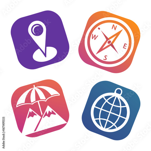 Four colorful travel and tourism icons featuring a location pin, compass, beach with umbrella and mountains, and globe, ideal for representing adventure, vacation, and exploration concepts