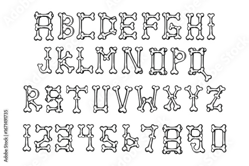 Bone fonts illustration. Bone Alphabet and Numbers Vector Set.