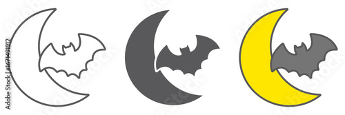 Bat and moon line icon, halloween and horror, night sign, vector graphics, a linear pattern on a white background.