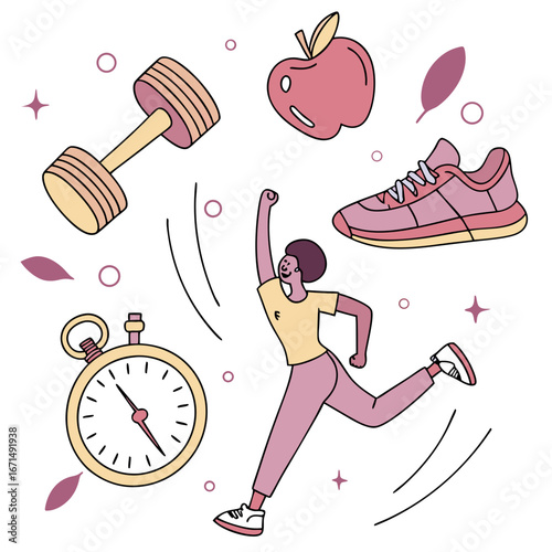 Illustration of fitness and healthy lifestyle elements, featuring dumbbell, shoe, apple, stopwatch, and woman celebrating success