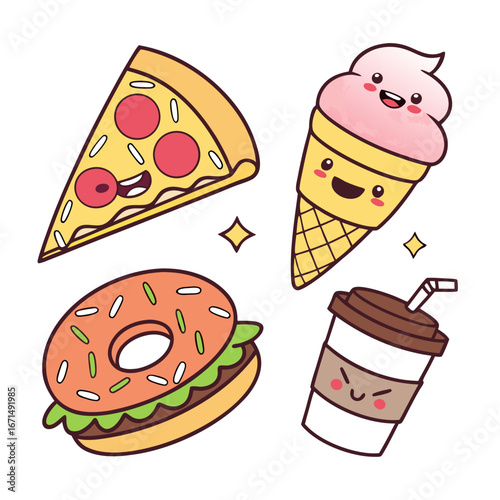 Illustration of pizza, ice cream, donut and coffee, representing junk food, fast food, sweet dessert and unhealthy eating with cute cartoon characters