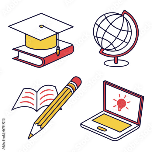 Isometric illustration of education icons, featuring a graduation cap, globe, book, pencil, and laptop, representing knowledge and learning