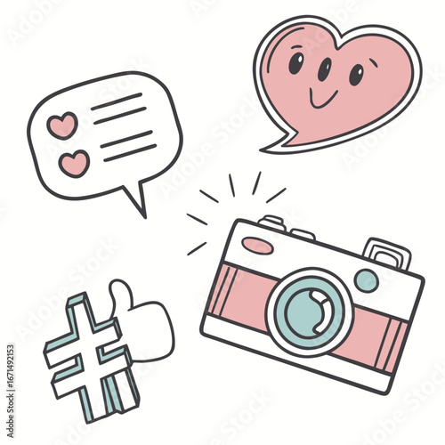 Illustration of a camera, heart, speech bubble, like, and hashtag, perfect for social media, blogging, or website content creation and marketing