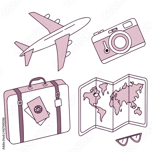 Illustration of travel icons featuring an airplane, camera, suitcase, map, and sunglasses, perfect for vacation planning and tourism promotion
