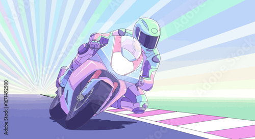 Anime-style illustration of a motorcycle racer in a pastel suit leaning into a turn on a racetrack.
