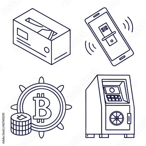 Financial and political technology vector illustration with ballot box, smartphone, bitcoin and atm perfect for finance, banking and election related designs
