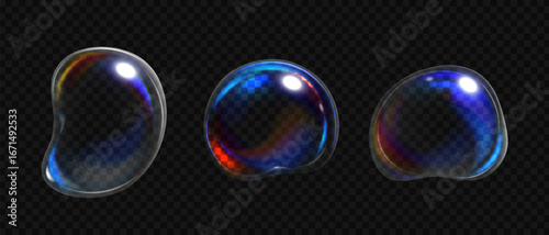 3D water soap bubbles with colorful rainbow glare and reflections on black background, Flowing liquid holographic effect of transparent water drop, Vector illustration.
