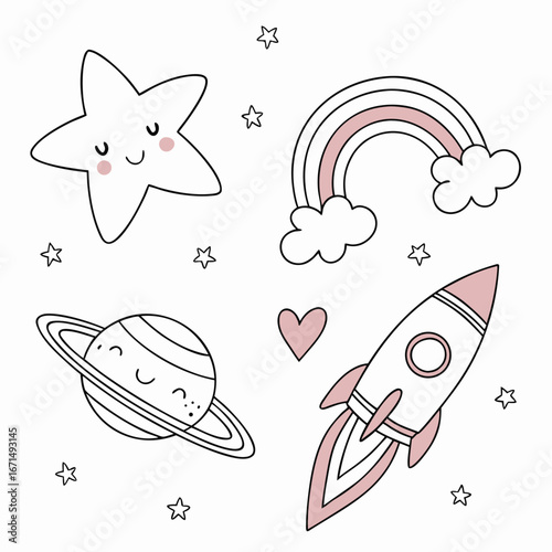 Illustration of a star, rainbow, rocket, and planet with rings, cute and dreamy space themed design for kids, perfect for nursery decor and sweet dreams