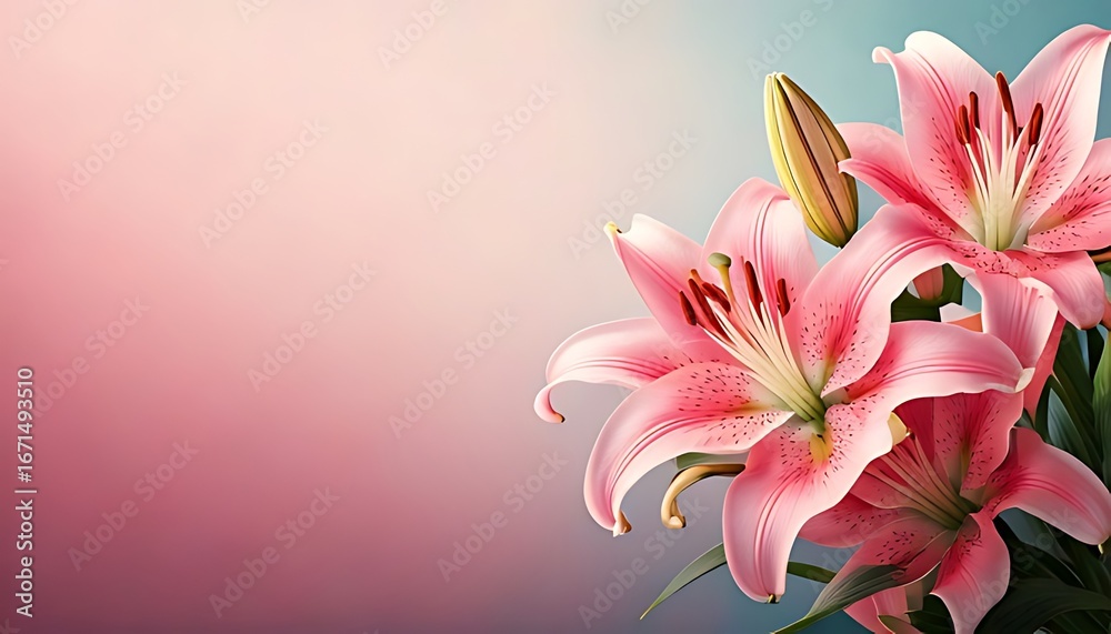 Fototapeta premium Pink lilies elegantly arranged against a soft, blurred background, leaving ample space to the left