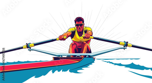 Dynamic illustration of a male athlete sculling in a single racing shell on the water.