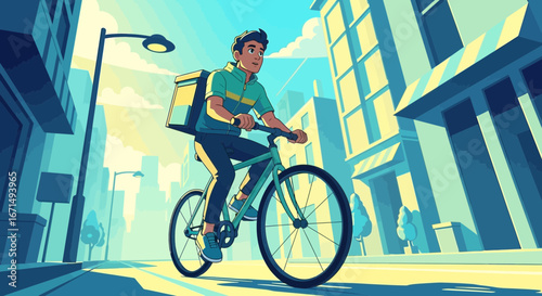 A young male courier with a delivery backpack cycles through a sunlit, modern city street.