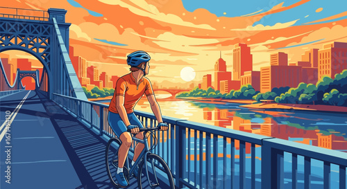 A cyclist pauses on a bridge, gazing at a modern city skyline illuminated by a beautiful, warm sunset over the river.