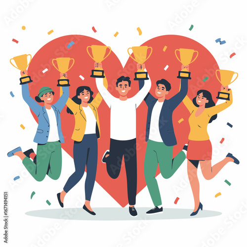 vector illustration featuring five diverse individuals celebrating success while holding trophies. Each person should be shown in a joyful pose jumping, raising arms.