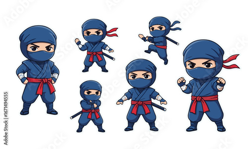 Set of Blue Ninja Characters with Red Accents