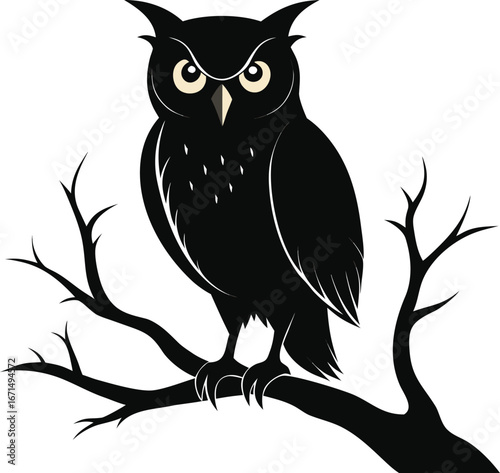 Silhouette of Owl Perched on Bare Branch