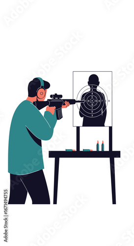 Man practicing aiming and firing a rifle at a target range on a sunny day