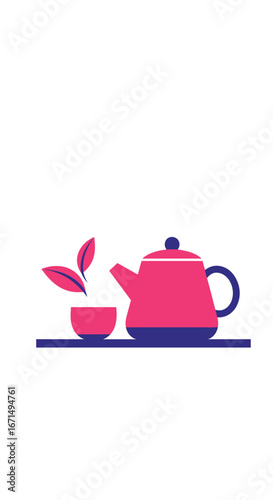 Beautifully illustrated tea time with pink teapot and cup steaming leaves