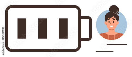 Battery icon with medium charge level alongside a smiling woman icon, symbolizing energy, productivity, and motivation. Ideal for work-life balance, health tracking, energy management, personal