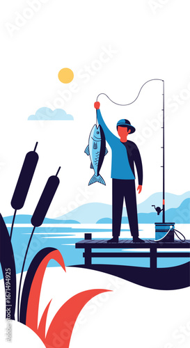Man standing on a wooden pier holding a freshly caught fish with a fishing rod in the background
