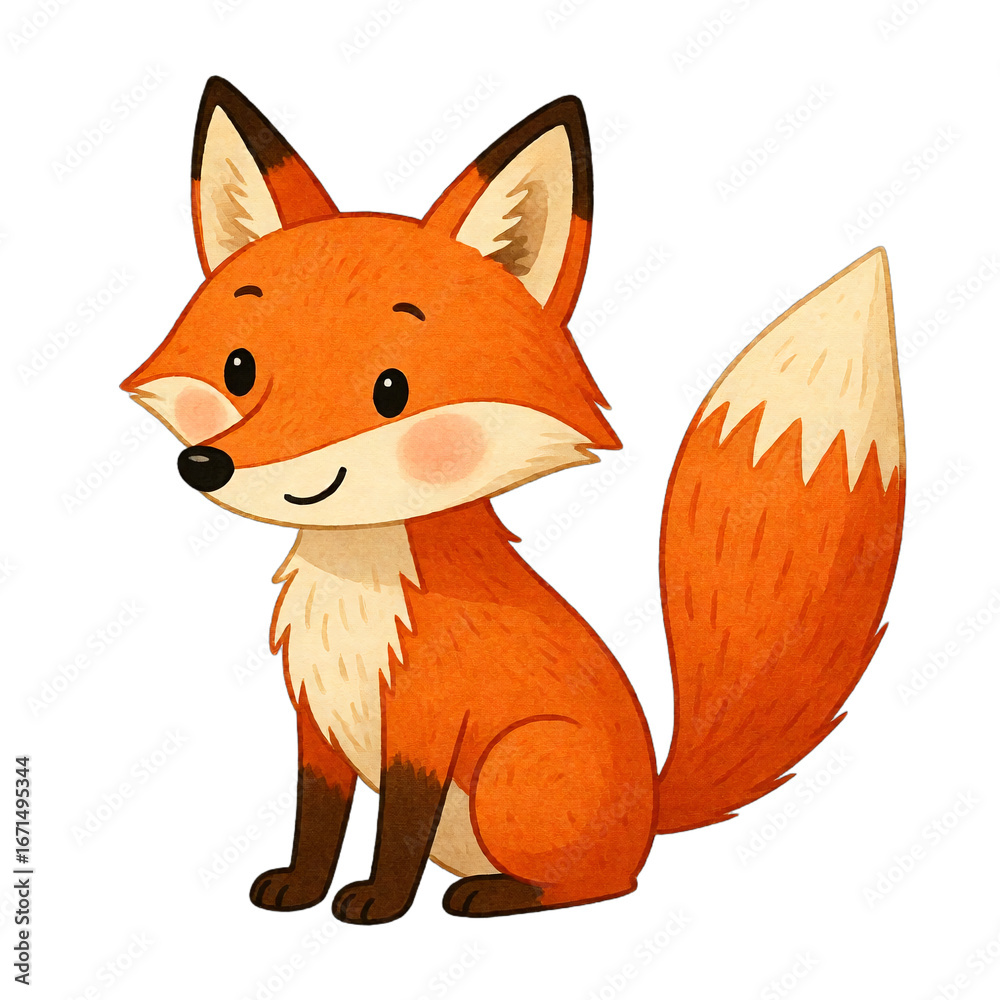 Naklejka premium Cute hand drawn watercolor fox illustration for kids. Adorable woodland animal character design isolated on white