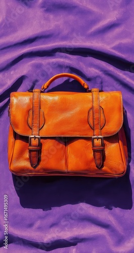 Top-down view of an orange leather briefcase on a purple fabric surface